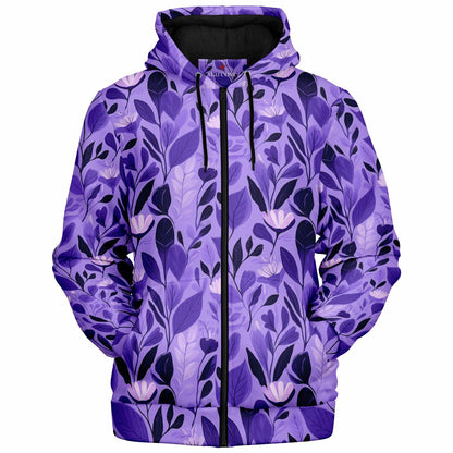 Purple Floral Zip Up Fleece Lined Hoodie, Flowers Heavyweight Full Zipper Pocket Men Women Unisex Aesthetic Graphic Hooded Sweatshirt Jacket