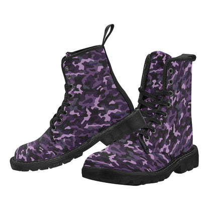 Black Purple Camo Women Canvas Boots, Camouflage Ladies Lace Up Vegan Shoes Festival Print  Ankle Combat Winter Casual Work Hiking