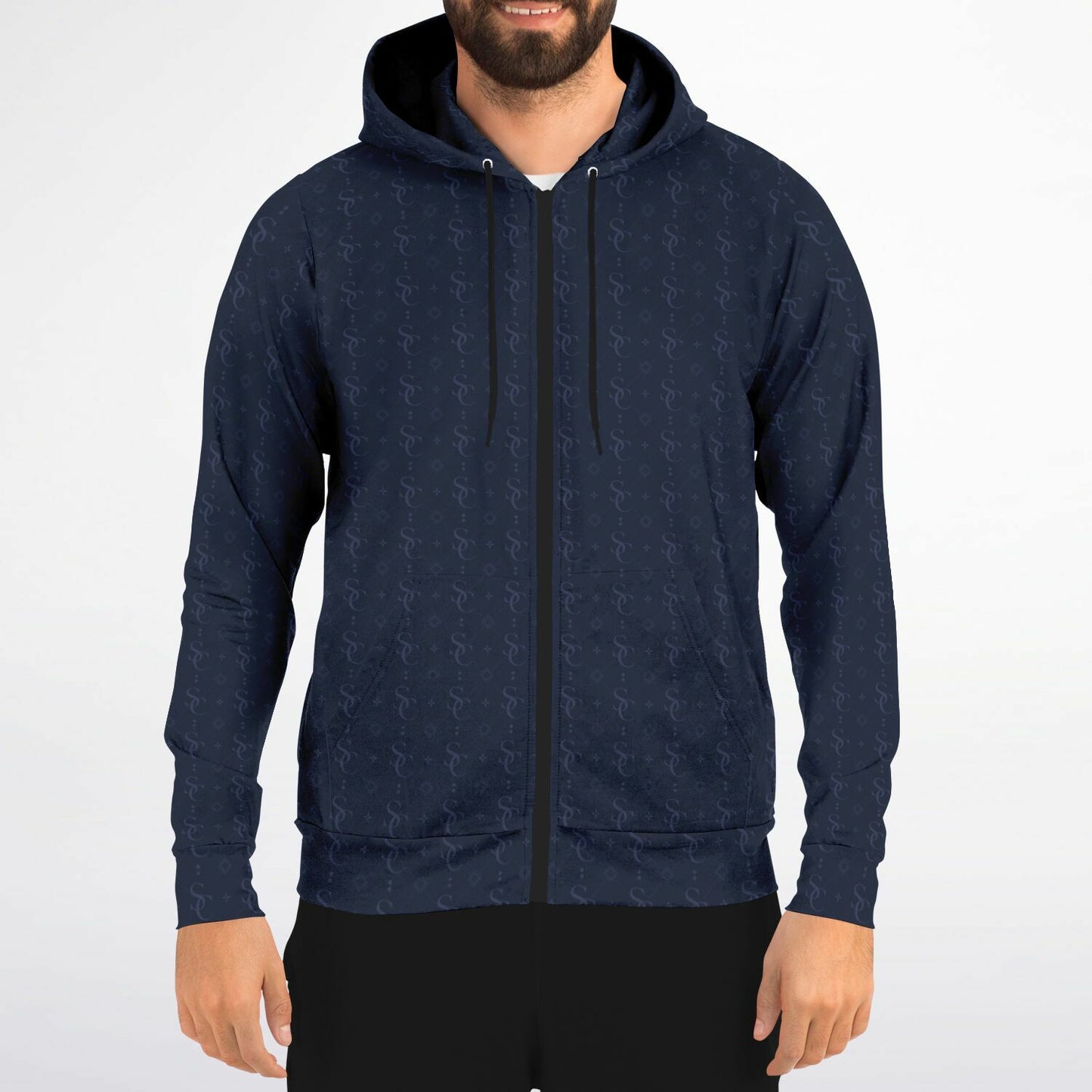 Navy Blue Zip Up Hoodie, Geometric Monogram Pattern Full Zipper Pocket Men Women Unisex Aesthetic Graphic Cotton Fleece Hooded Sweatshirt - Starcove Fashion