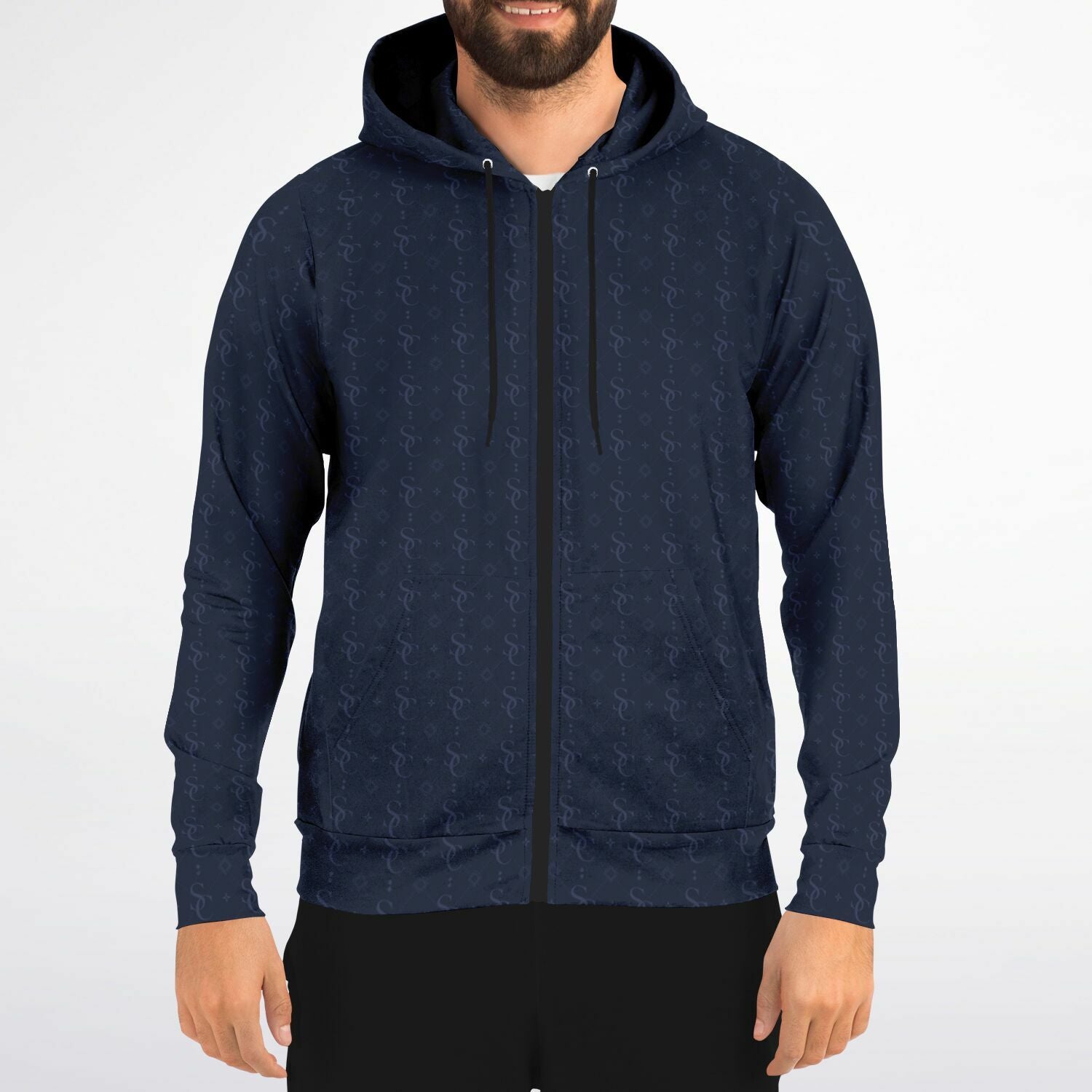 Navy Blue Zip Up Hoodie, Geometric Monogram Pattern Full Zipper Pocket Men Women Unisex Aesthetic Graphic Cotton Fleece Hooded Sweatshirt - Starcove Fashion