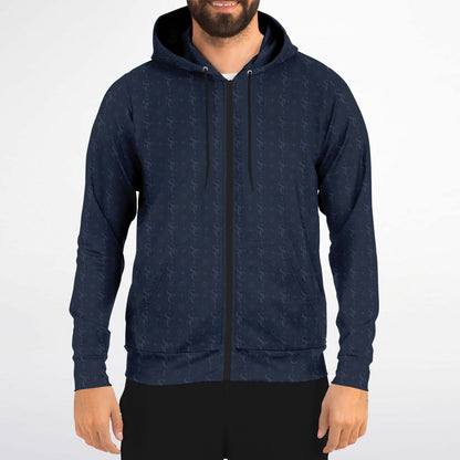 Navy Blue Zip Up Hoodie, Geometric Monogram Pattern Full Zipper Pocket Men Women Unisex Aesthetic Graphic Cotton Fleece Hooded Sweatshirt - Starcove Fashion
