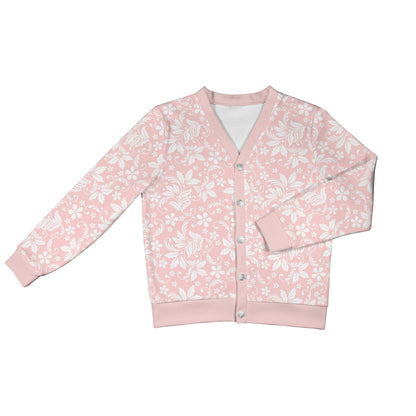 Pink Floral Cardigan Women, Flowers White Sweatshirt Sweater Long Sleeve Plus Size V Neck Lightweight Button Up Designer Ladies Top