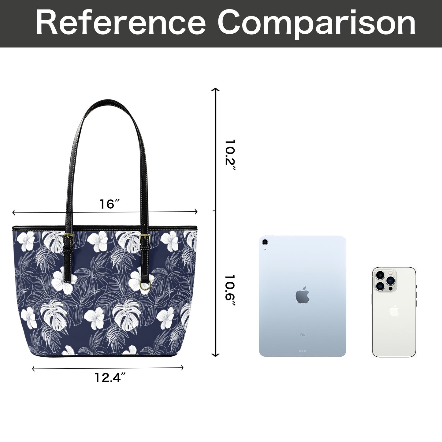 Navy Blue White Floral Tote Bag Purse, Hibiscus Flowers Art Women Vegan Leather Handbag  Zip on Top Designer Handmade Shoulder Ladies Bag