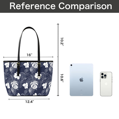 Navy Blue White Floral Tote Bag Purse, Hibiscus Flowers Art Women Vegan Leather Handbag  Zip on Top Designer Handmade Shoulder Ladies Bag