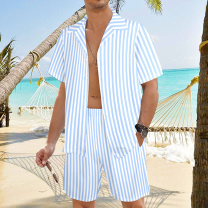 Light Blue Striped Shirt Shorts Outfit Set Men, White vertical Stripe Matching Hawaiian Beach Male Guys Summer Short Sleeve Button Up Down