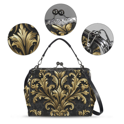 Baroque Kiss Lock Purse Handbag, Retro Black Ornate Gold Print Vegan Leather Vintage Designer Shoulder Crossbody Top Handle Clasp Bag