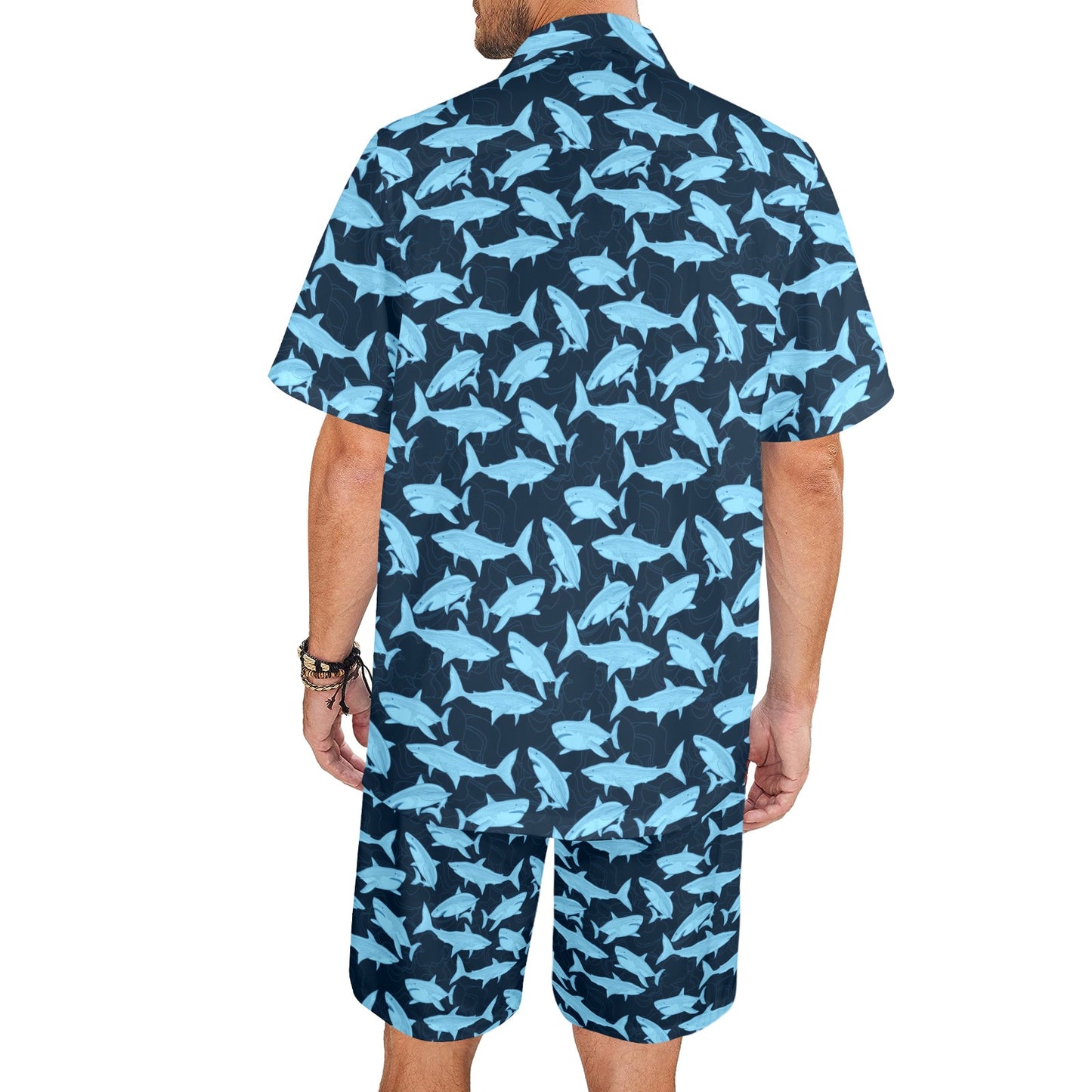 Great White Shark Shirt Shorts Outfit Set Men, Blue Marine Animal Matching Cabana Hawaiian Beach Male Summer Short Sleeve Button Up Down