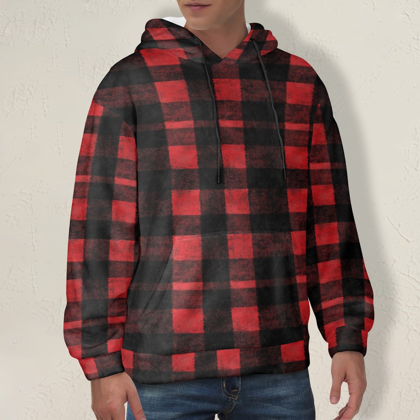 Red Black Buffalo Plaid Flannel Hoodie, Check Fleece Lined Heavyweight Pocket Men Women Unisex Aesthetic Graphic Hooded Sweatshirt Jacket