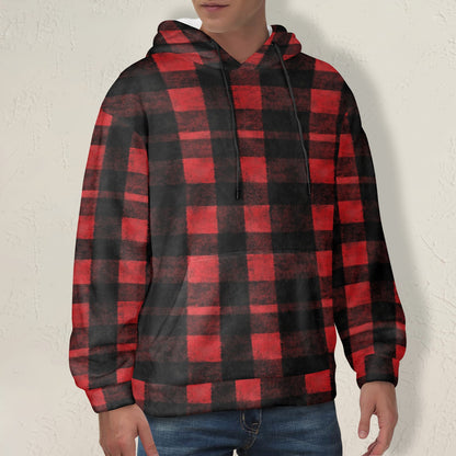 Red Black Buffalo Plaid Flannel Hoodie, Check Fleece Lined Heavyweight Pocket Men Women Unisex Aesthetic Graphic Hooded Sweatshirt Jacket