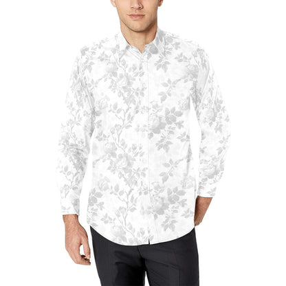 White Floral Long Sleeve Men Button Up Shirt, Monochrome Botanical Artistic Flowers Summer Print Dress Buttoned Collar Casual Male Guy Shirt - Starcove Fashion