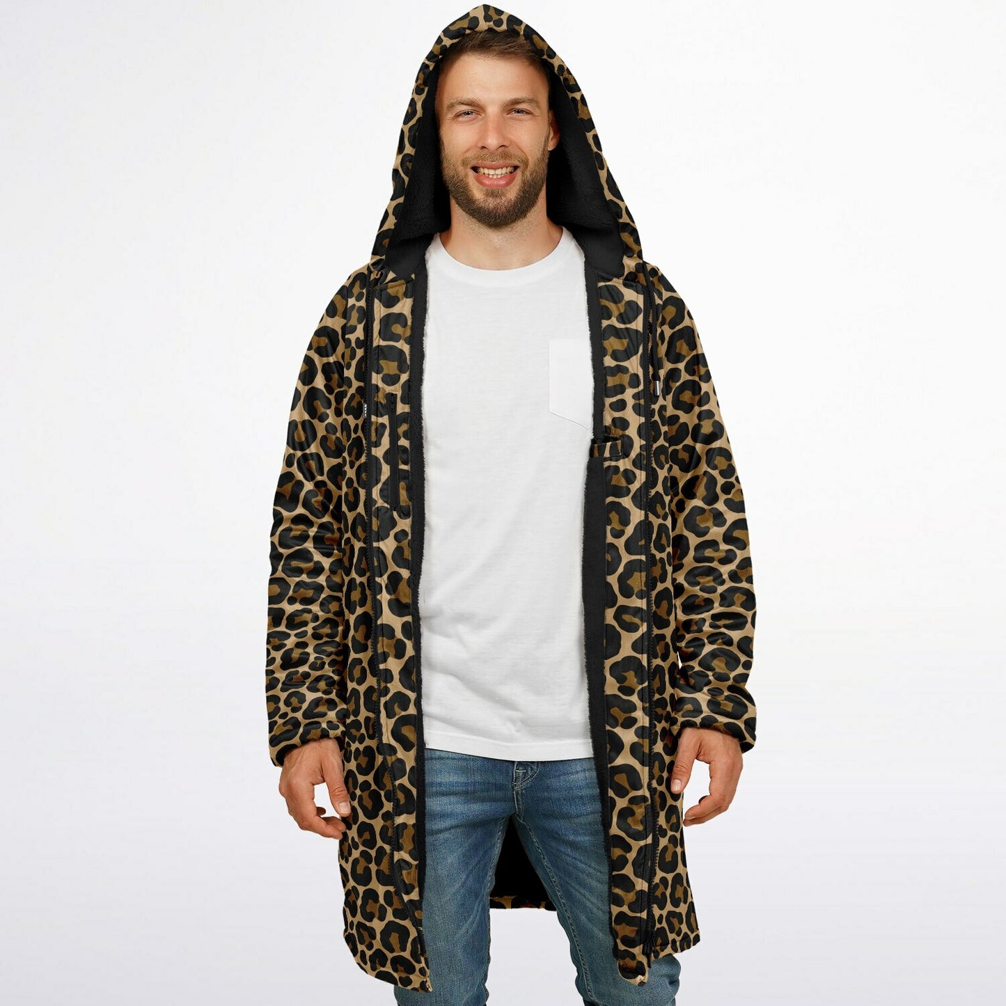 Leopard Hooded Cloak Fleece Jacket, Animal Print Cheetah Zipper Coat Men Women Male Ladies Winter Mink Hooded Parka Wearable Cape Pockets