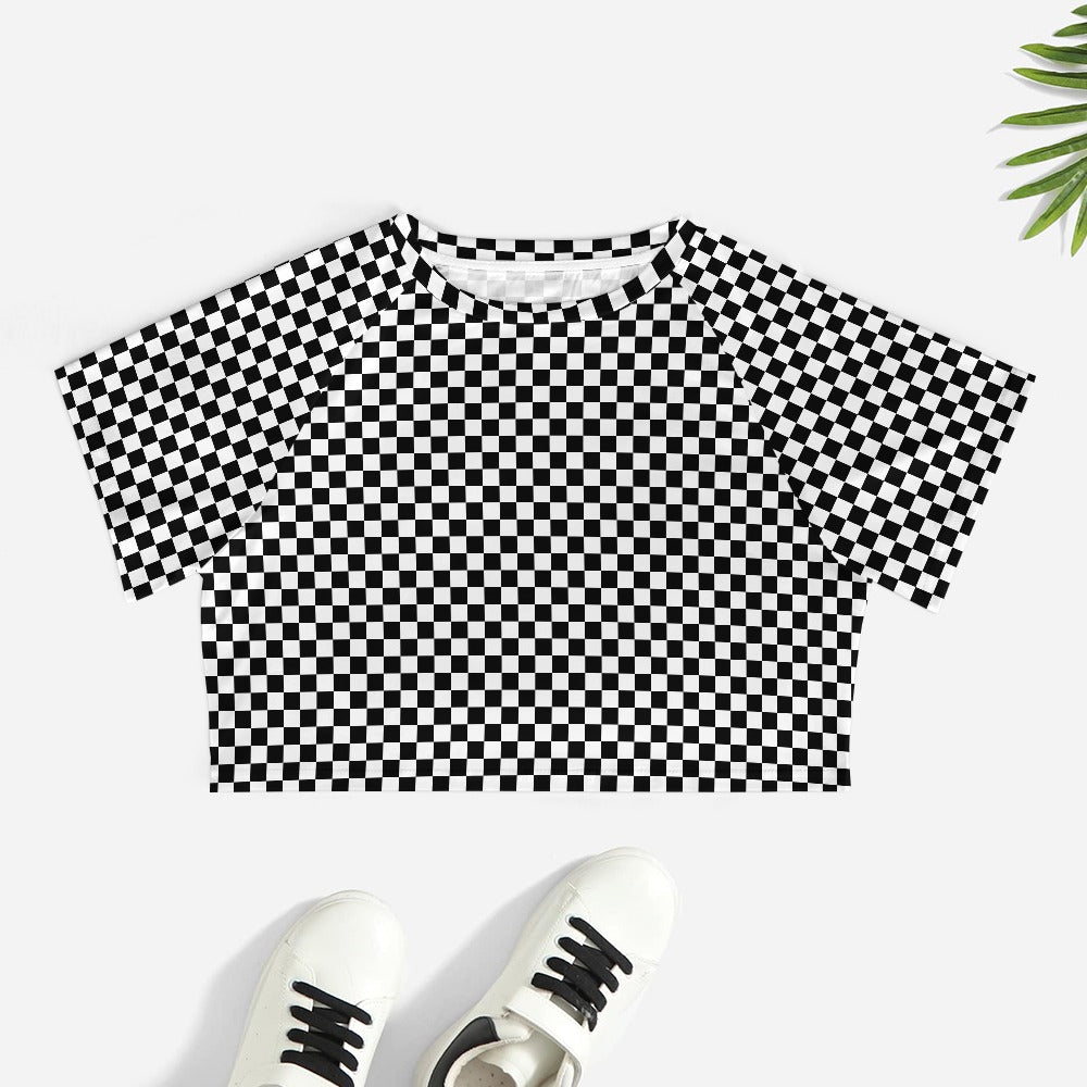 Checkered Crop Top Tshirt, Black White Check Belly Tee Women Adult Cute Aesthetic Graphic Crewneck Sexy Festival Y2K Ladies Cropped Shirt