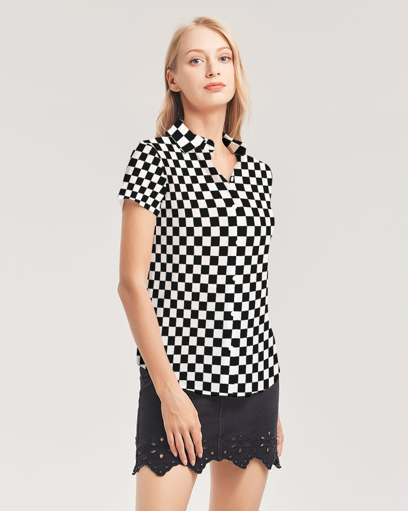 Black White Checkered Women Button Up Shirt, Racing Check Short Sleeve Print Buttoned Down Summer Ladies Collared Designer Dress Blouse Top White base