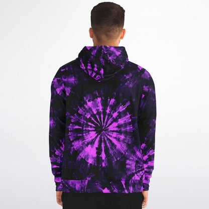 Black Purple Tie Dye Zip Up Hoodie, Full Zipper Pocket Men Women Unisex Adult Aesthetic Graphic Cotton Fleece Hooded Sweatshirt