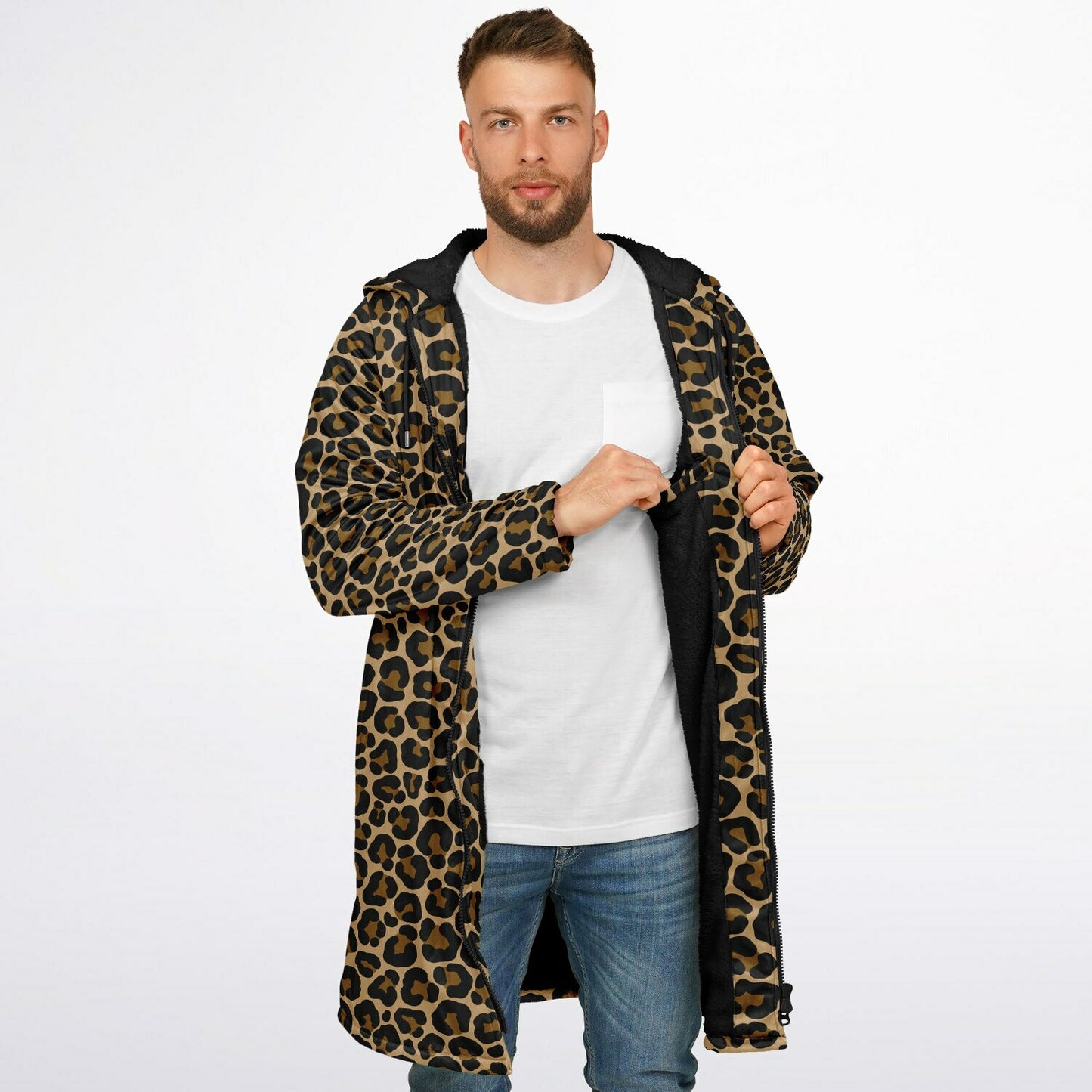 Leopard Hooded Cloak Fleece Jacket, Animal Print Cheetah Zipper Coat Men Women Male Ladies Winter Mink Hooded Parka Wearable Cape Pockets