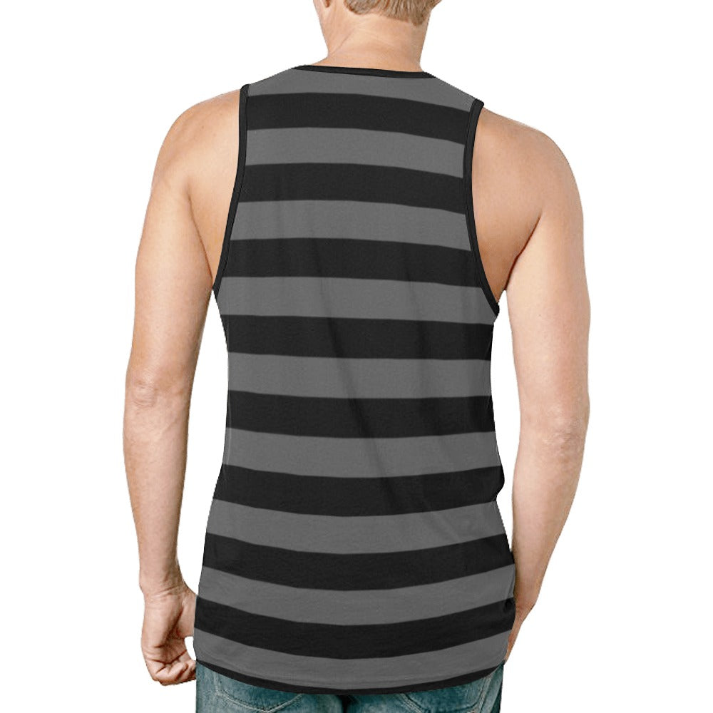 Black Grey Striped Tank Top Shirt, Gray Horizontal Wide Stripe Men Guys Male Sleeveless Festival Workout Fitness Sports Summer Muscle Tee