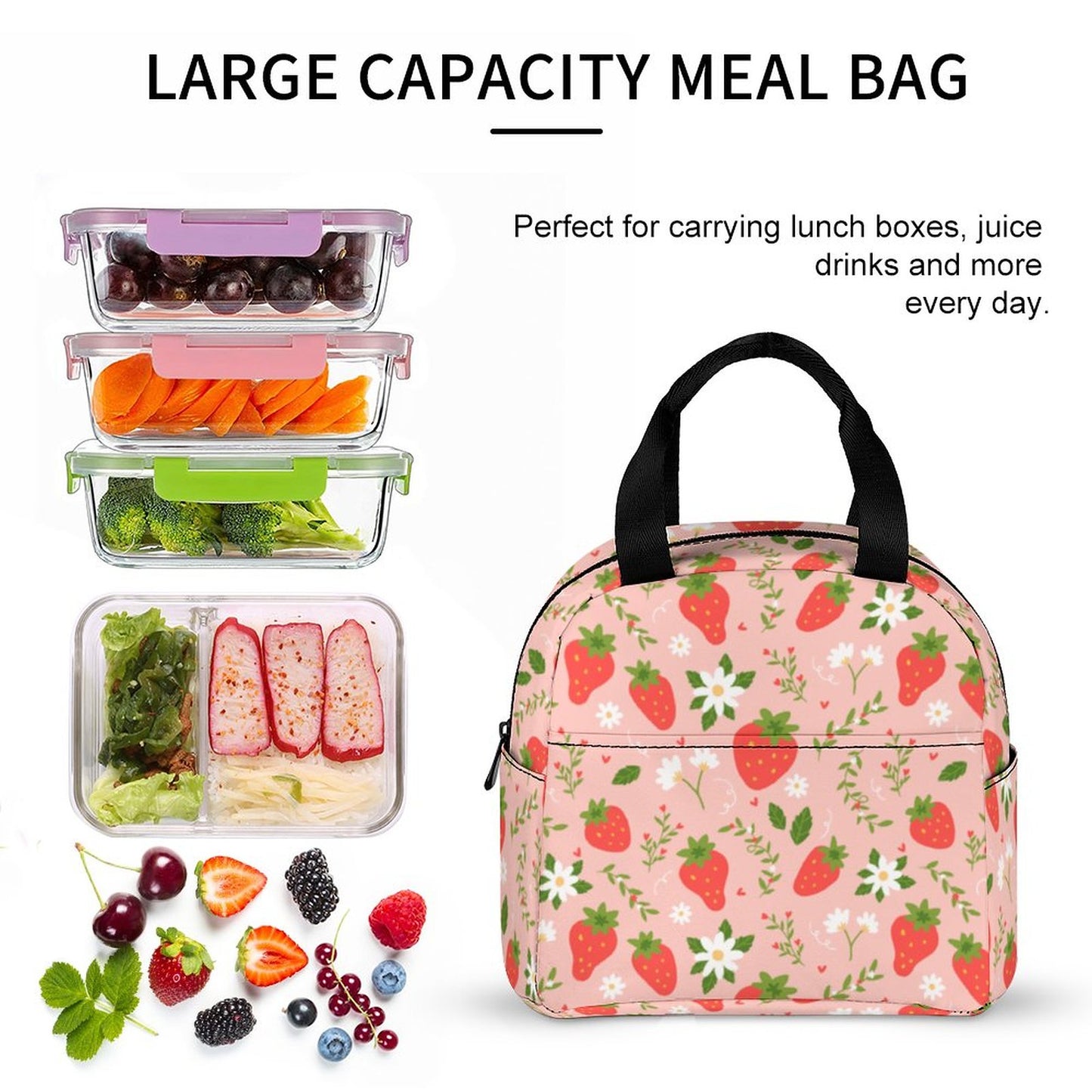 Strawberry Insulated Lunch Box Bag Tote, Pink Summer Fruit Floral Flowers Cute Food Container Adult Kids Women Teens Men School Work Handbag - Starcove Fashion