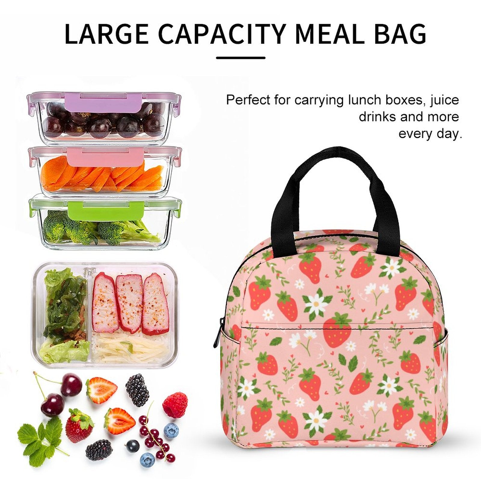 Strawberry Insulated Lunch Box Bag Tote, Pink Summer Fruit Floral Flowers Cute Food Container Adult Kids Women Teens Men School Work Handbag - Starcove Fashion