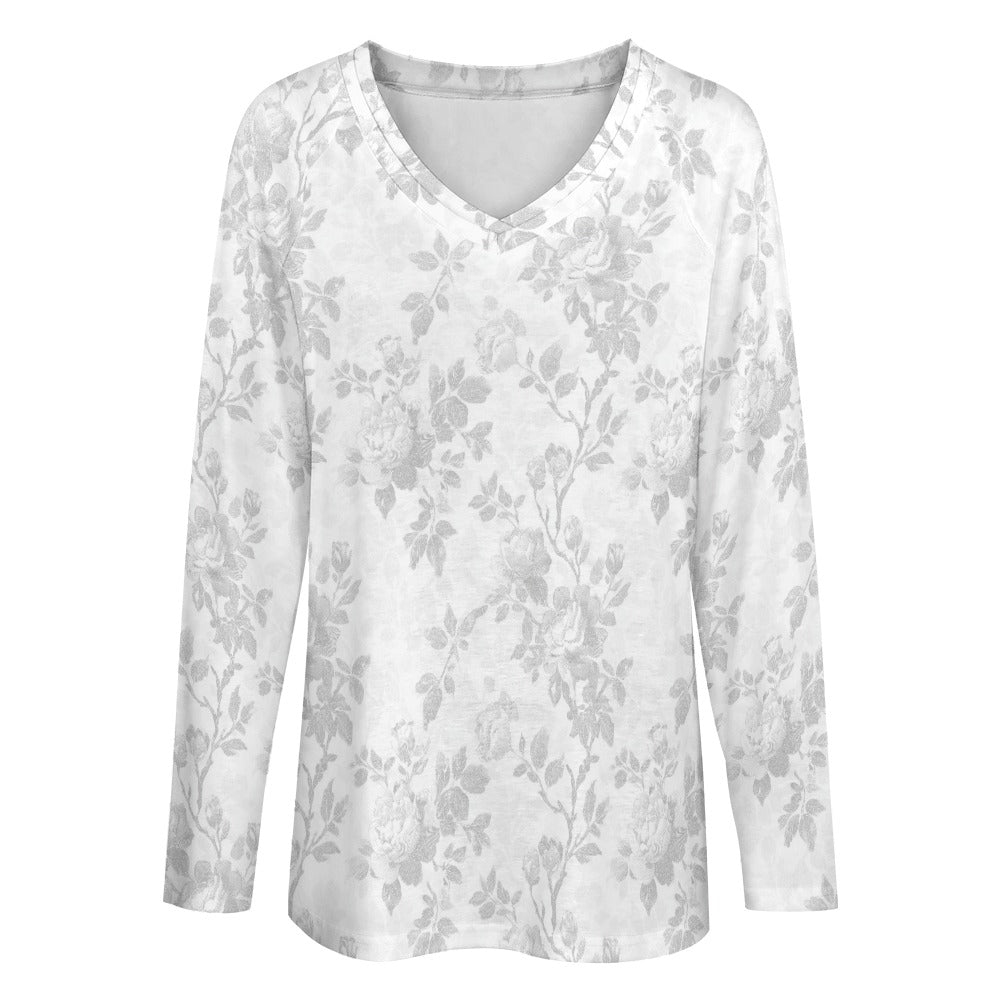 White Floral Women Long Sleeve Tshirt loose fit, Flowers Relaxed V-neck Designer Graphic Aesthetic Ladies Female Tee Top Shirt Streetwear - Starcove Fashion