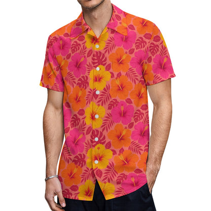 Hibiscus Tropical Men Button Up Shirt, Pink Orange Yellow Short Sleeve Casual Buttoned Down Summer Male Guys Collared Designer Festival