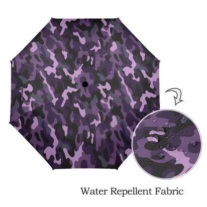 Purple Camo Umbrella, Dark Camouflage Print Golf Anti-UV Semi-Automatic Sun Rain Parasol Large Compact Windproof Designer Luxury Men Women