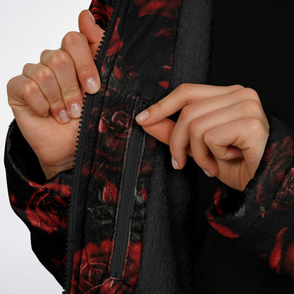 Red Roses Hooded Fleece Jacket, Black Zipper Coat Cloak Men Women Ladies Long Winter Warm Mink Hooded Parka Festival Wearable Cape Pockets