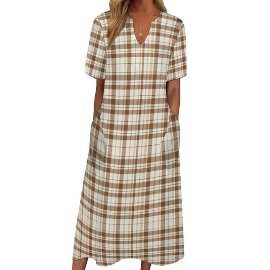 Brown Off White Plaid Women Maxi Dress, Tartan Check V-Neck Short Sleeve Evening Cocktail Ladies Handmade Designer Plus Size Outfit Pockets