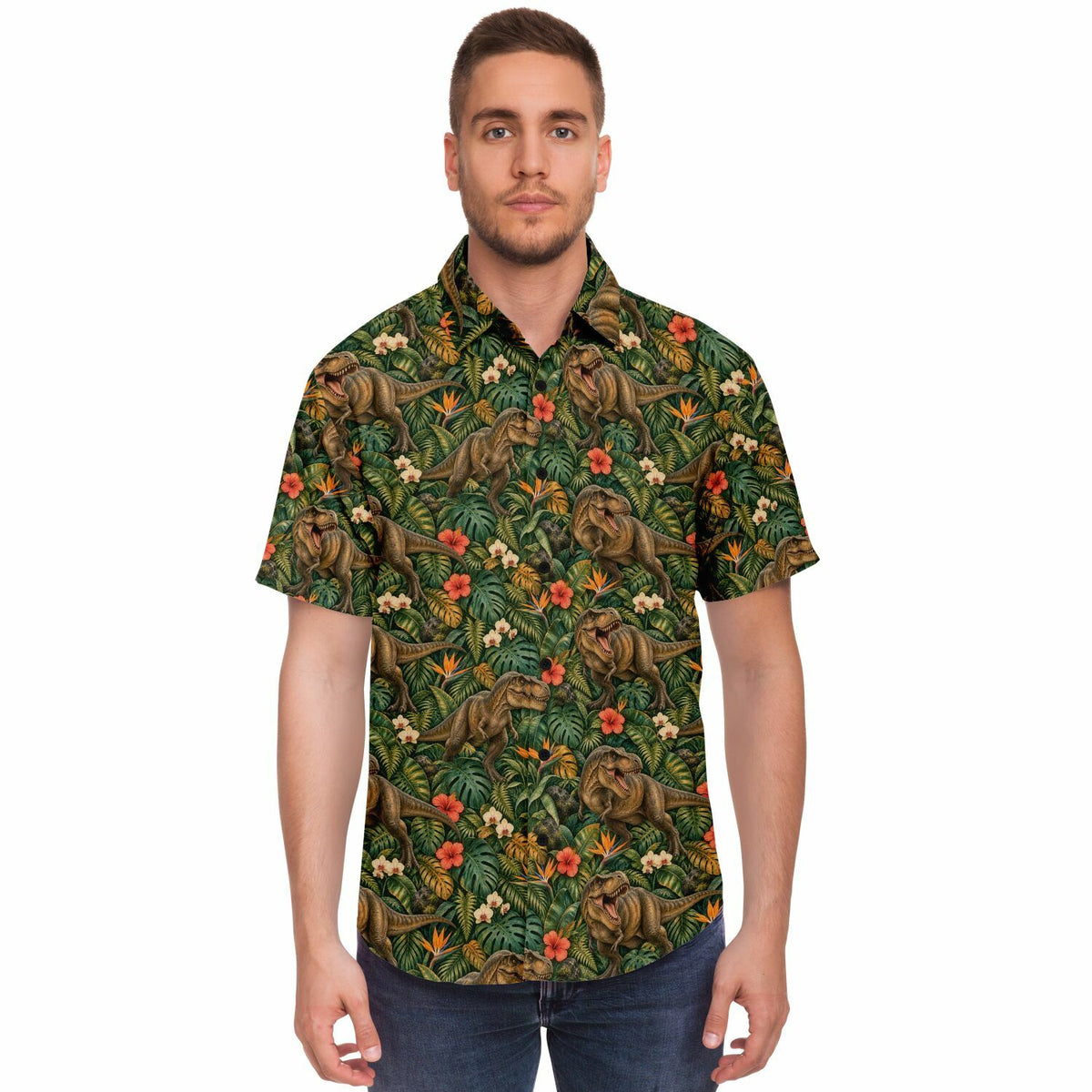 Dinosaur Men Button Up Shirt, T-Rex Dino Jungle Park Short Sleeve Print Casual Buttoned Down Summer Male Guys Collared Designer Dress copy