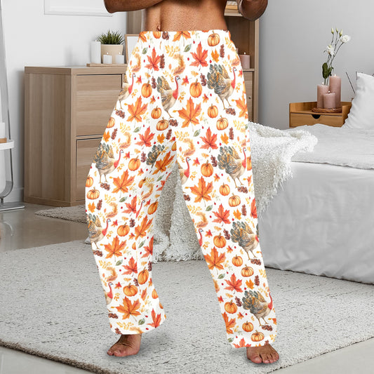 Thanksgiving Men Pajamas Pants, Fall Autumn Leaf Turkey Pumpkins PJ Adult Pockets Sleep Lounge Trousers Guys Male Matching Sleepwear Bottoms