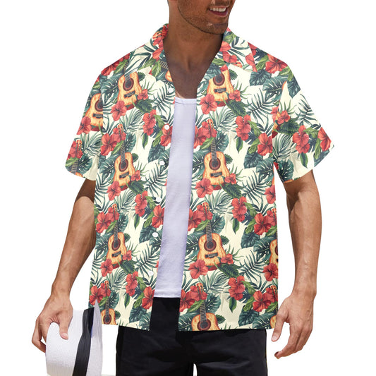 Guitar Men Hawaiian shirt, Music Band Floral Flowers Beach Red Green Vintage Aloha Hawaii Retro Tropical Plus Size Pocket Guys Button Down