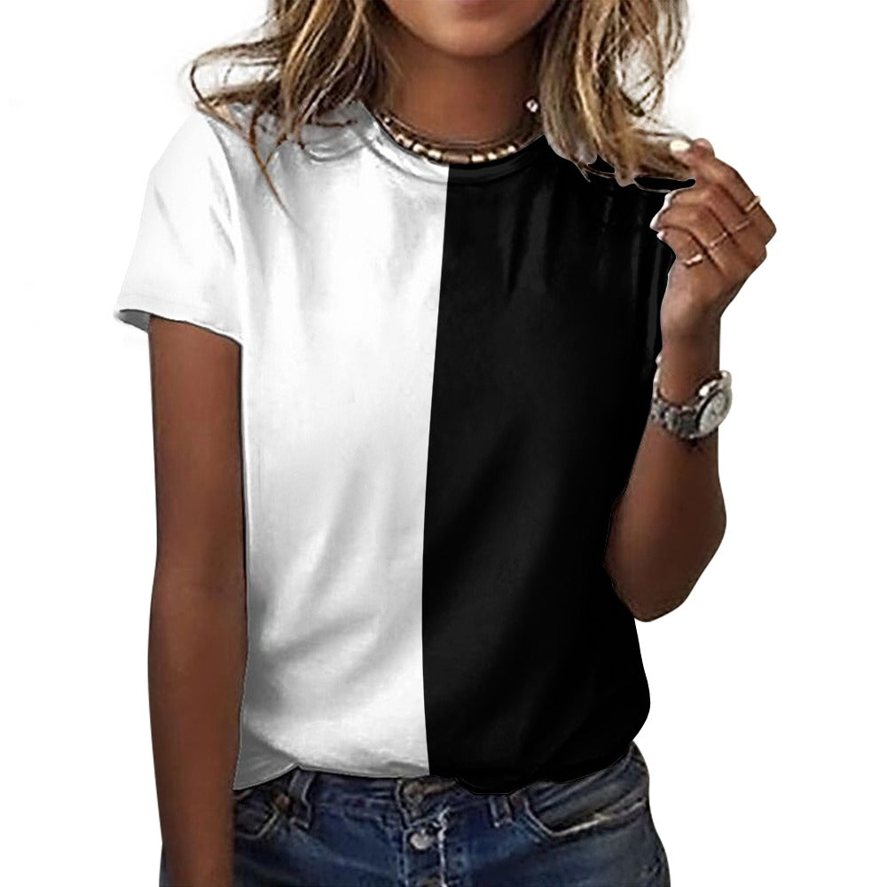 Half Black Half White Women Cotton Tshirt, Color Block Split 2 Tone Ladies Female Designer Graphic Aesthetic Fitted Crewneck Tee Shirt Top