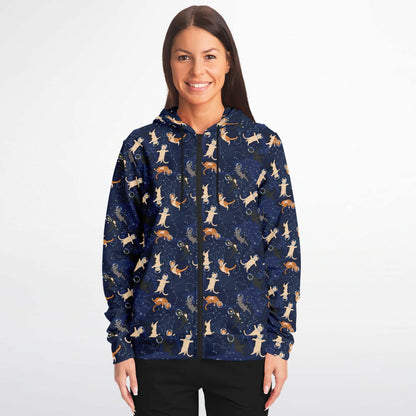 Cats in Space Zip Up Hoodie, Kittens Full Zipper Pocket Men Women Unisex Adult Aesthetic Graphic Cotton Fleece Hooded Sweatshirt - Starcove Fashion