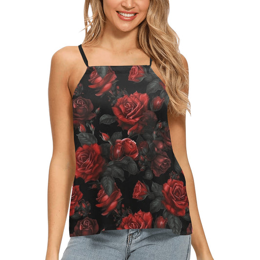 Red Rose Floral Women Tank Top Adjustable Spaghetti Straps, Flowers Black Goth Print Ladies Sleeveless Tie Back Halter Loose Fit Flowy Shirt