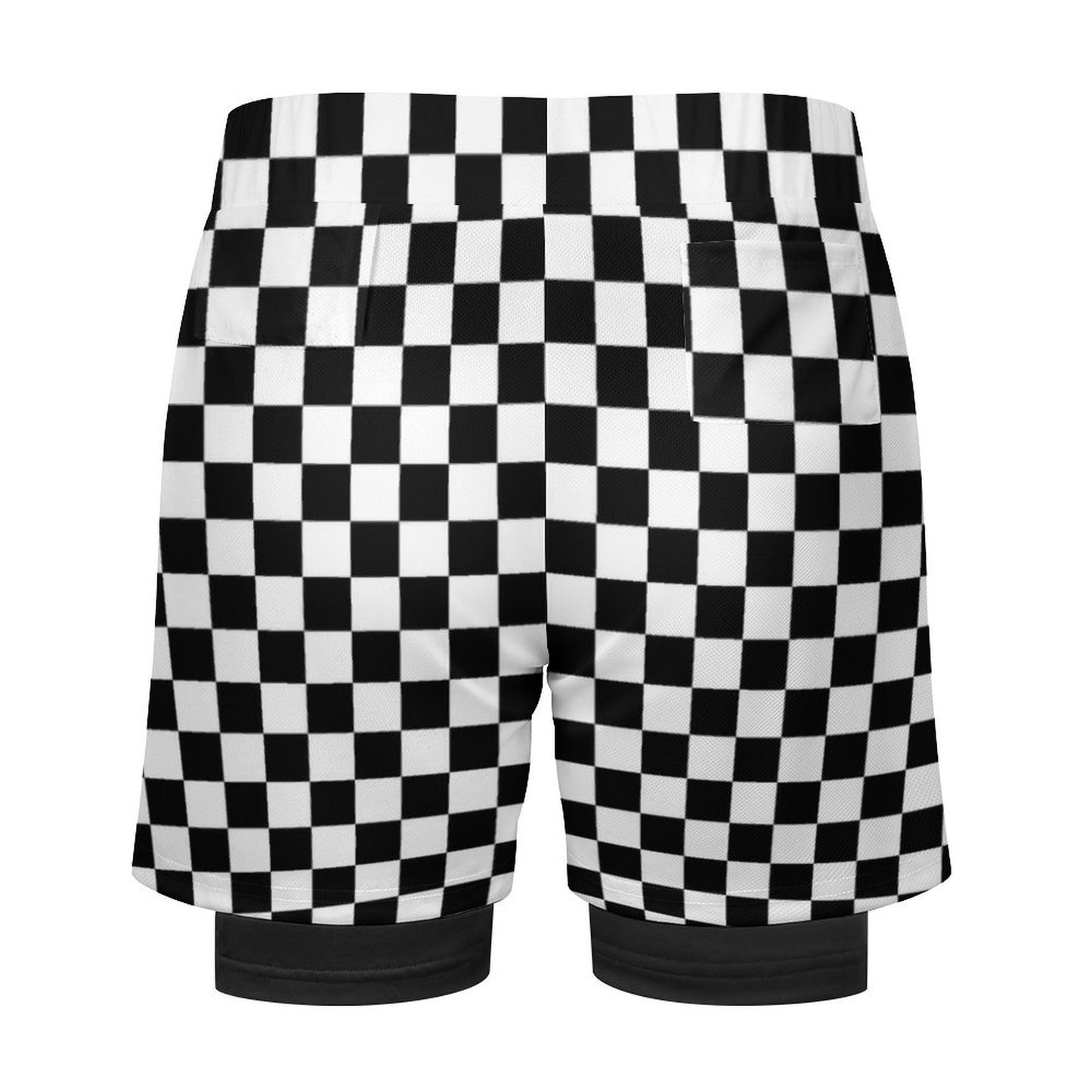 Checkered Men 2 in 1 Lined Shorts, Black White Check Compression Liner Running Gym Workout Graphic Athletic Sports Mesh Pockets Drawstring - Starcove Fashion