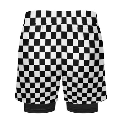 Checkered Men 2 in 1 Lined Shorts, Black White Check Compression Liner Running Gym Workout Graphic Athletic Sports Mesh Pockets Drawstring - Starcove Fashion