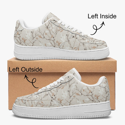 White Real Camo Leather Shoes, Camouflage Cream Men Women Vegan Sneakers Low Top Lace Up Designer Flat Casual Handmade