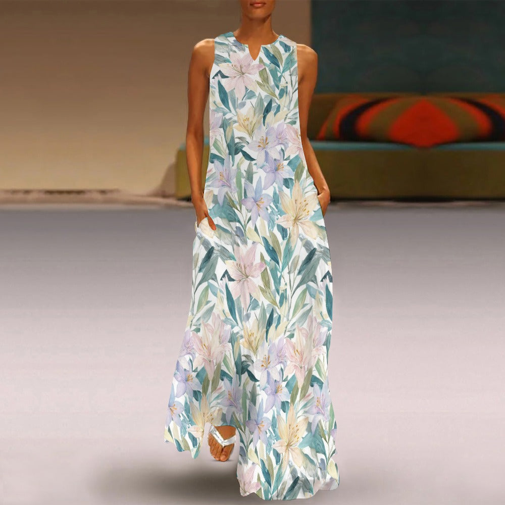 Pastel Floral Maxi Dress, Botanical Women Sleeveless Casual Cute Designer Elegant Plus Size Cocktail Party Summer A-Line Designer Pockets