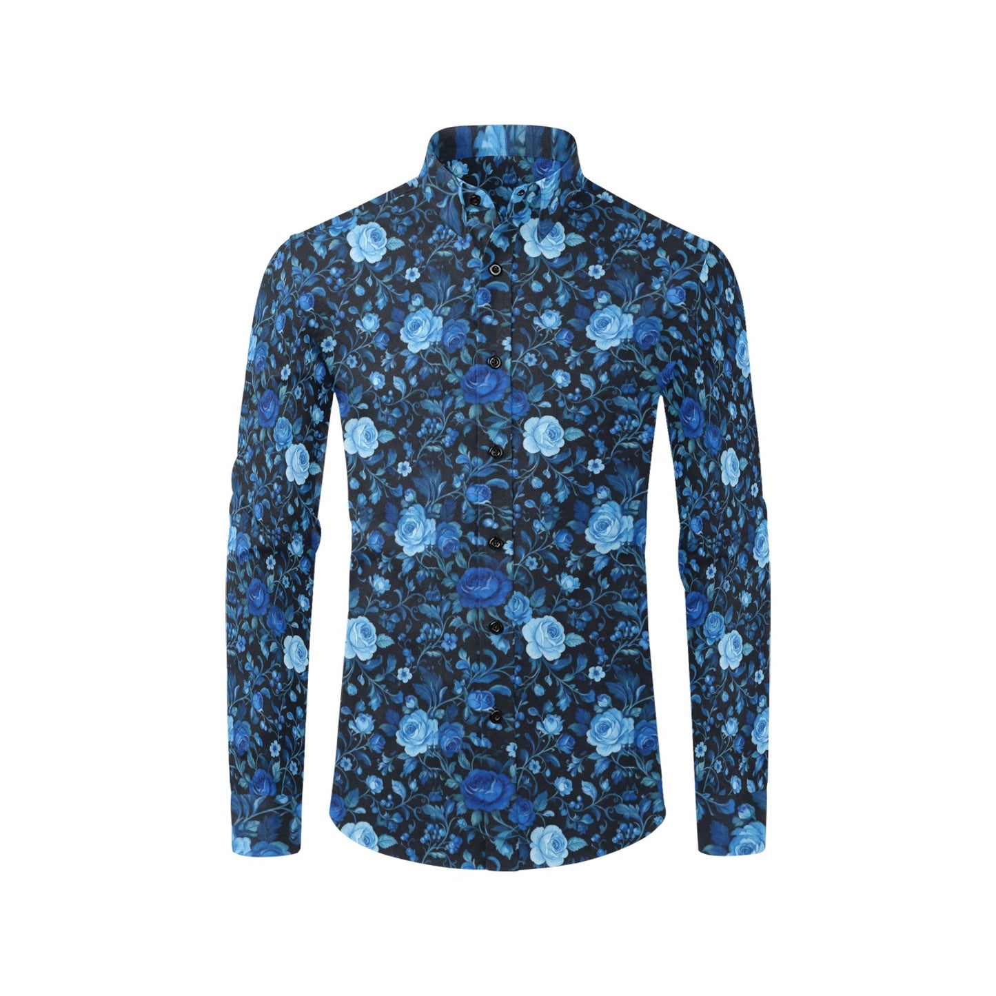 Black Blue Floral Long Sleeve Men Button Up Shirt, Rose Flowers Print Casual Buttoned Collared Designer Dress Shirt Chest Pocket Male