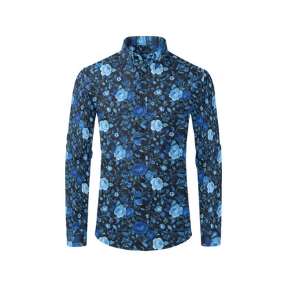 Black Blue Floral Long Sleeve Men Button Up Shirt, Rose Flowers Print Casual Buttoned Collared Designer Dress Shirt Chest Pocket Male