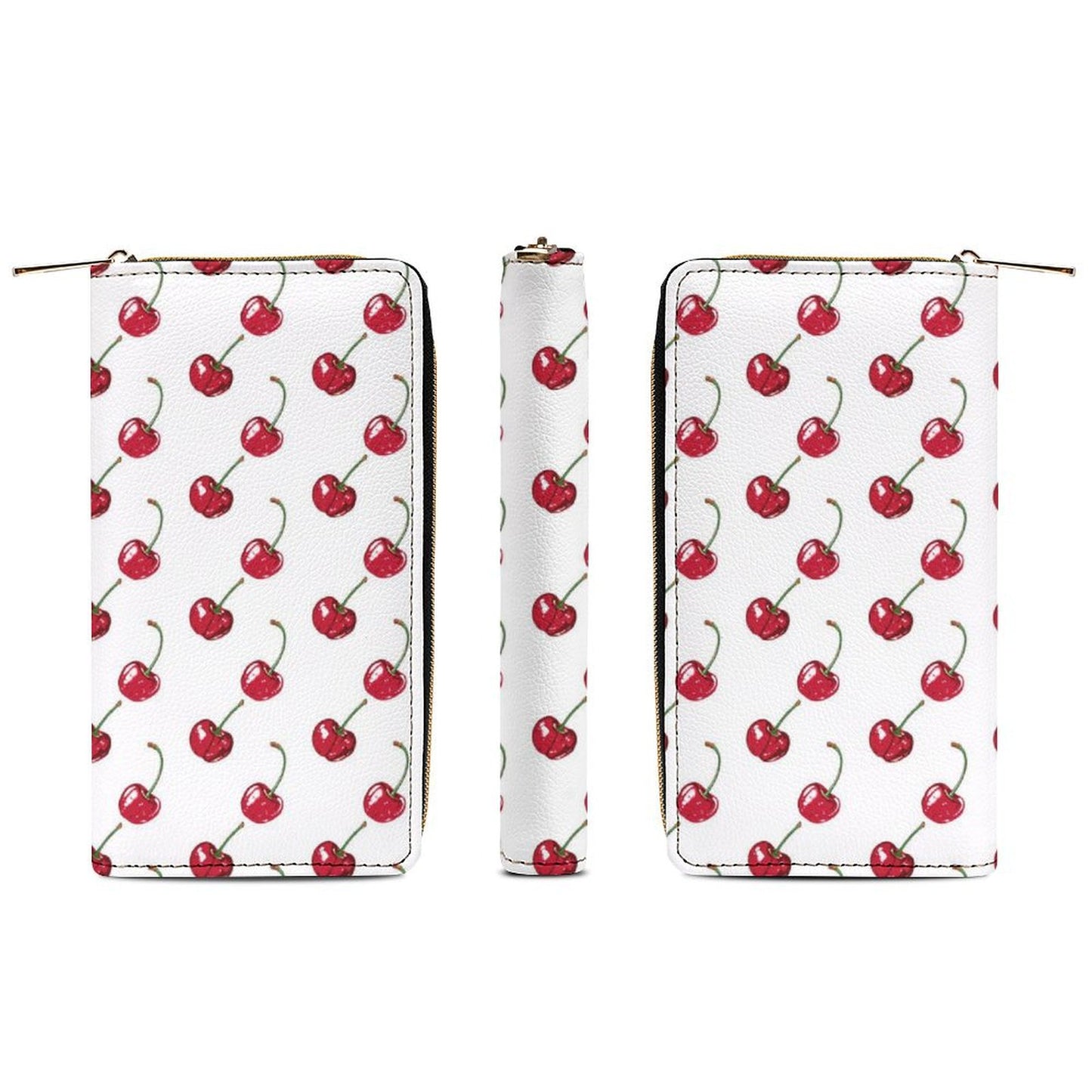 Cherry Leather Wallet Women, White Red Fruit Vegan Zipper Zip Around Coins Credit Cards Pocket Cash Ladies Female Slim Clutch Purse