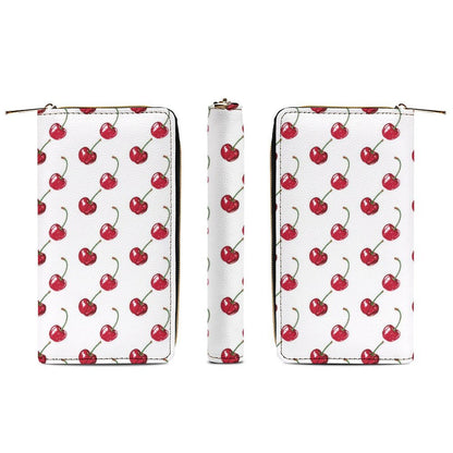 Cherry Leather Wallet Women, White Red Fruit Vegan Zipper Zip Around Coins Credit Cards Pocket Cash Ladies Female Slim Clutch Purse