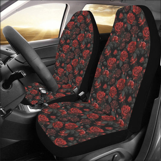 Red Roses Car Seat Cover 2 pc, Floral Flowers Cute Gothic Front Seat SUV Vans Vehicle Universal Protector Accessory Universal Fit Men Women