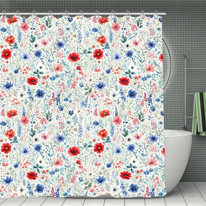 Red Blue Floral Shower Curtain with Hooks Rings, Nature Flowers White Fabric Waterproof Unique Bath Bathroom Decor Housewarming Home Gift