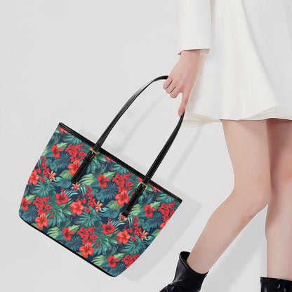 Red Tropical Flowers Tote Bag Purse, Hibiscus Floral Art Women Vegan Leather Handbag  Zip on Top Designer Handmade Shoulder Ladies Bag