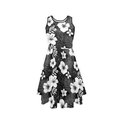 Floral Midi Dress, Black White Hibiscus Flowers Women Sleeveless Designer Elegant Plus Size Ladies Expansion Cocktail Party Summer Designer