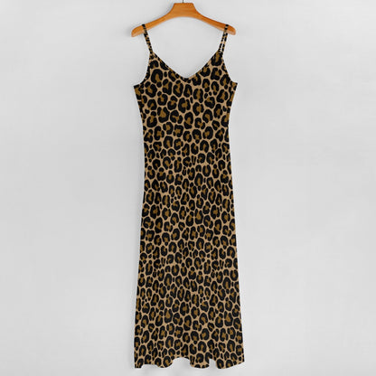 Leopard Print Maxi Dress, Brown Animal Cheetah Long Spaghetti Straps Flowy Women Sleeveless Casual Cute Designer Plus Size Cocktail Party