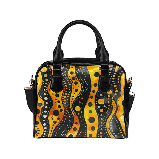 Yellow Stripes Purse, Dots Abstract Art Black Retro Cute Small Shoulder Zip Bag Vegan Leather Women Designer Handbag Crossbody Ladies