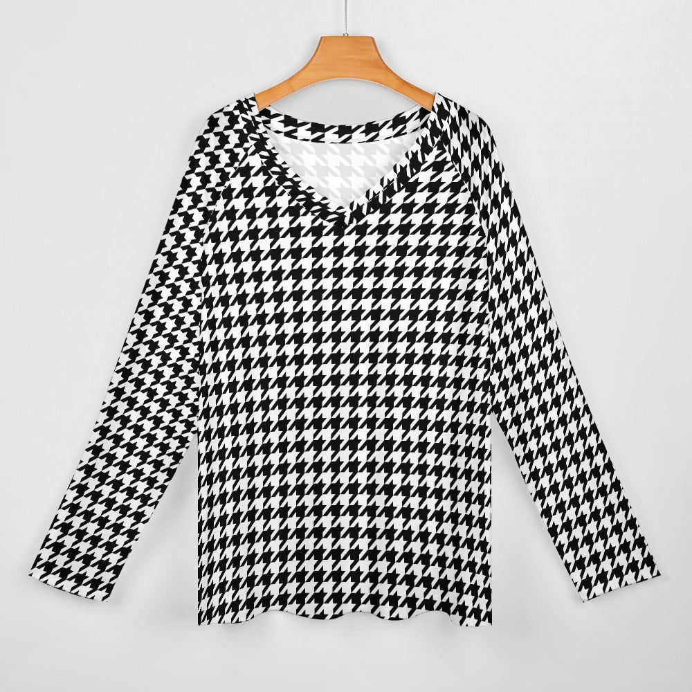 Houndstooth Women Long Sleeve Tshirt loose fit, Black White Relaxed V-neck Designer Graphic Aesthetic Ladies Female Tee Top Shirt Streetwear - Starcove Fashion