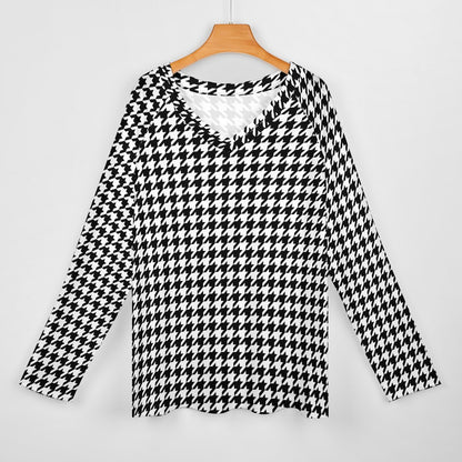 Houndstooth Women Long Sleeve Tshirt loose fit, Black White Relaxed V-neck Designer Graphic Aesthetic Ladies Female Tee Top Shirt Streetwear - Starcove Fashion