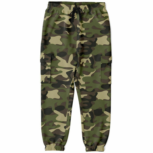 Camouflage Cargo Pants with Flap Pockets, Green Army Camo Women Men Fleece Joggers Sweatpants Fun Comfy Cotton Sweats Streetwear